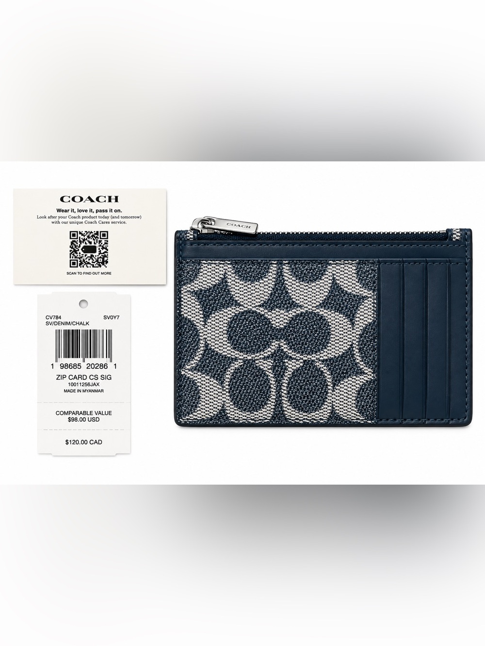 COACH Navy/Chalk Signature Zip Card Case with Leather Trim